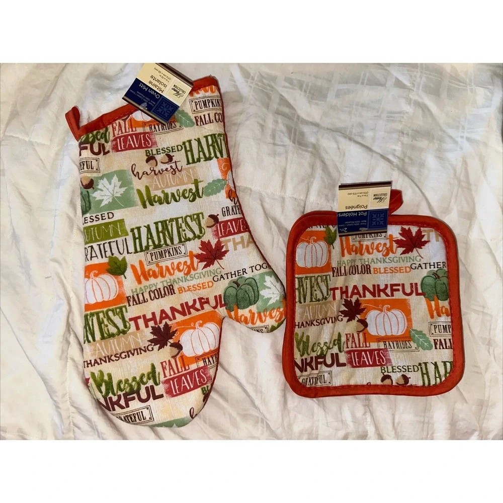 Home Collection Harvest Thanksgiving Oven Mitt and Pot Holder Set Orange Autumn